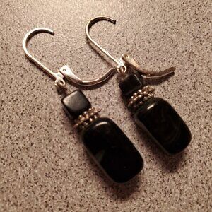 Vintage Black Beaded Dangle Earrings With Silver Leverback Hooks